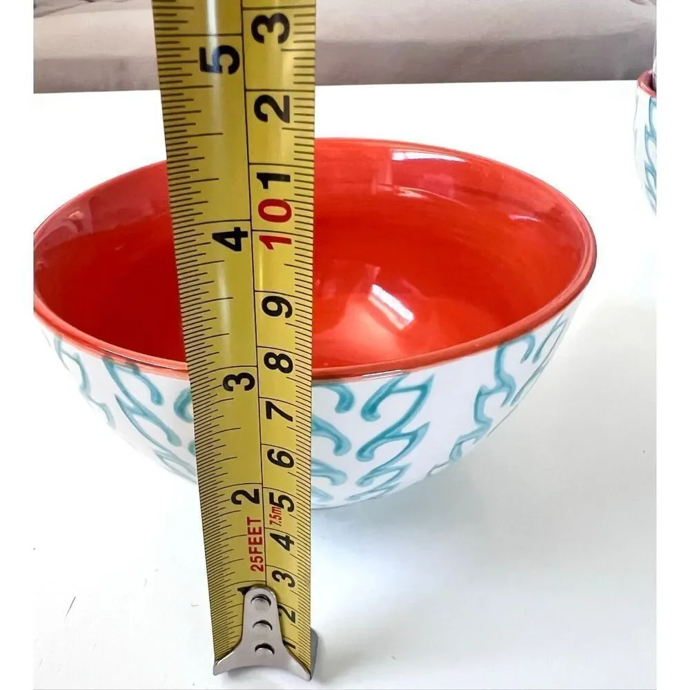 BAUM TANGIER 4- Soup Bowls Turqoise Orange Stoneware Dinnerware Discontinued
